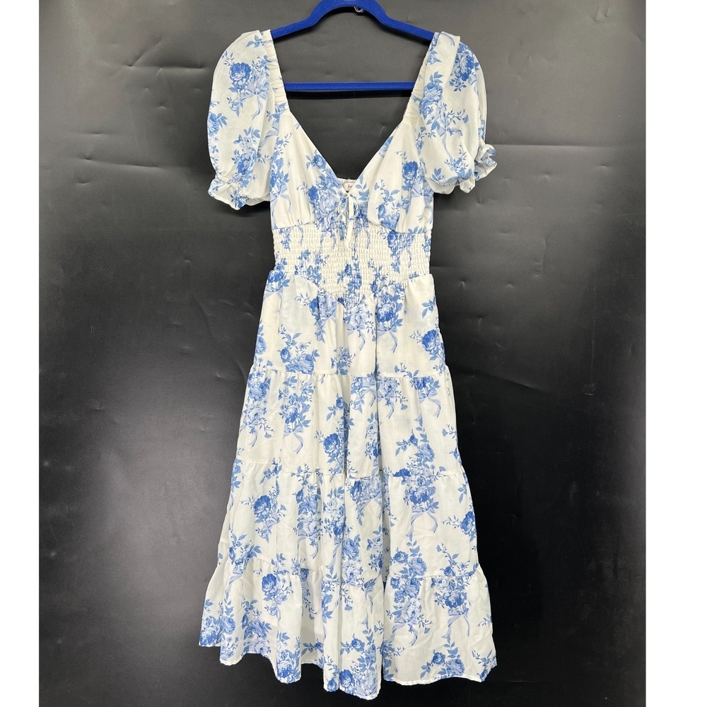 Francesca's blue toile floral milkmaid dress tiered maxi boho coquette XS